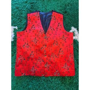 Fushi Calligraphy Vest Mens L Red Good Chinese Embroidery Formal Waistcoat